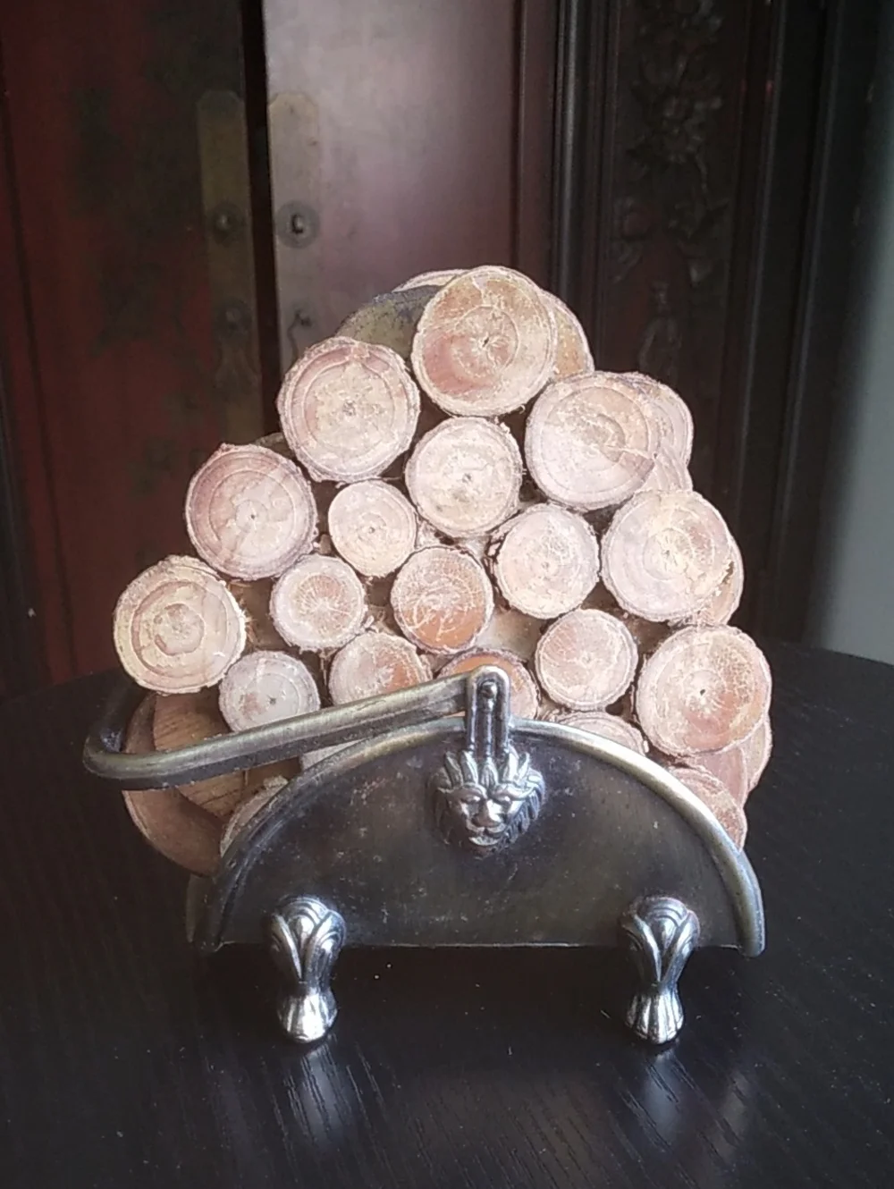 Vintage 80s House Of Lloyd Firewood Log Coaster Set and Gold Lion Head Holder